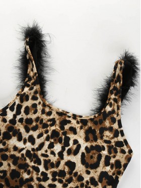 Leopard Faux Fur Decorated Women's Bodysuit