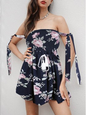 Strapless Print Pleated Knitted Women's Rompers