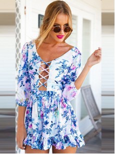 Crisscross Hollow Floral Print Women's Rompers