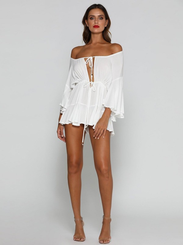 Blouson Plain Slash Neck Bell Sleeve Women's Rompers