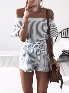 Stripe Slash Neck Lace-Up Women's Rompers