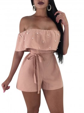 Flounce Lace-Up Pearl Bead Women's Rompers