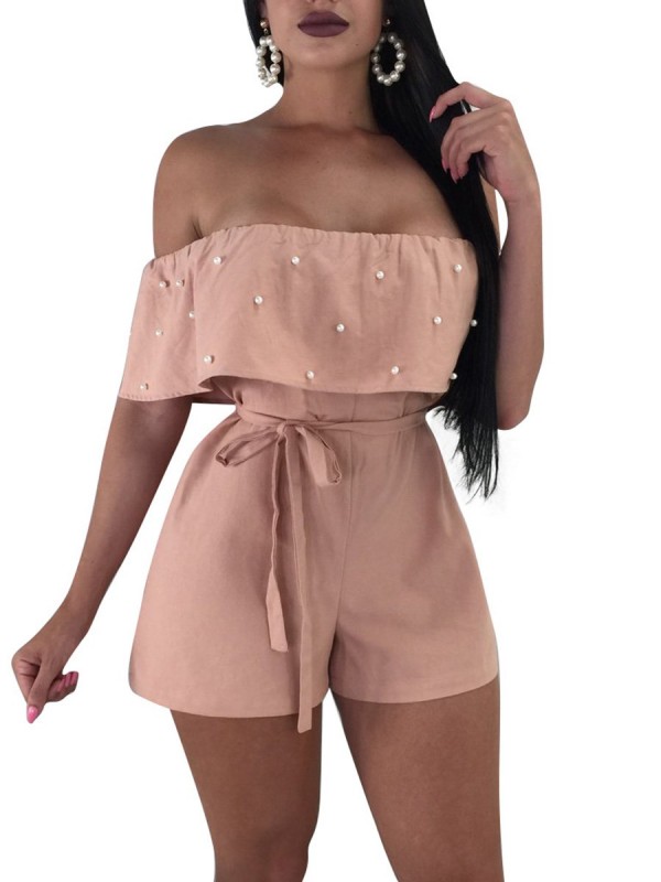 Flounce Lace-Up Pearl Bead Women's Rompers