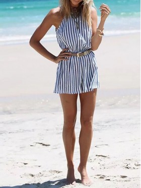 Halter Vertical Stripe Women's Rompers