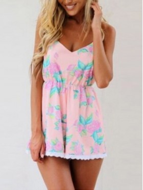 Floral Print Loose High Waist Women's Rompers