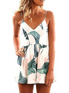 High Waist Plant Print Loose Women's Rompers