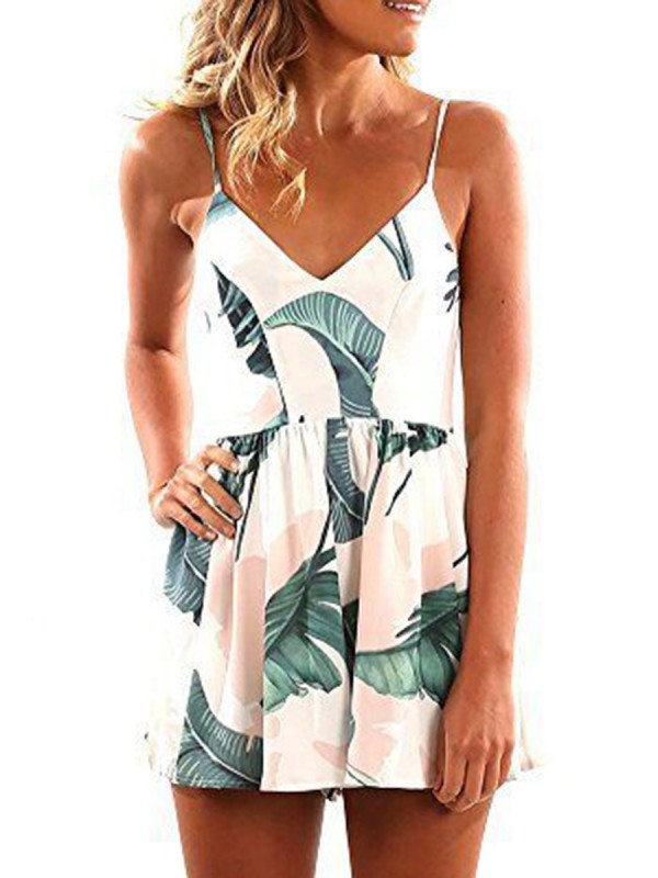 High Waist Plant Print Loose Women's Rompers