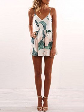 High Waist Plant Print Loose Women's Rompers