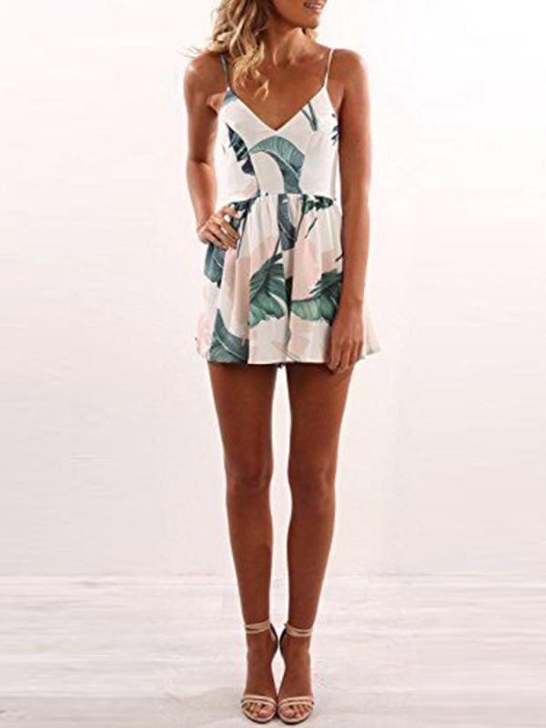 High Waist Plant Print Loose Women's Rompers