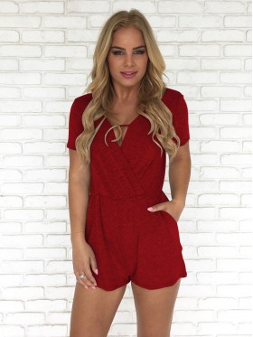 Plain V-Neck Pocket Women's Romper