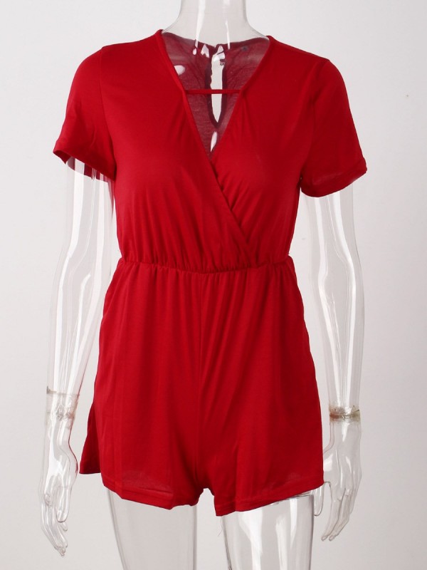 Plain V-Neck Pocket Women's Romper