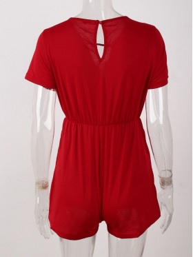 Plain V-Neck Pocket Women's Romper