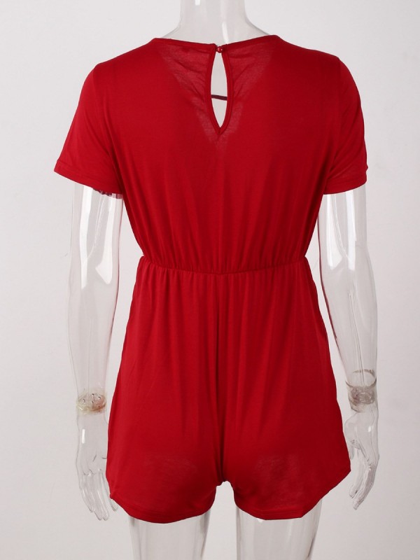 Plain V-Neck Pocket Women's Romper