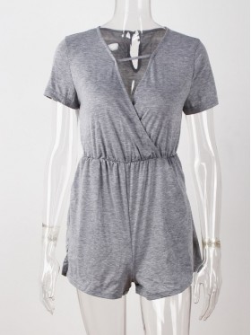 Plain V-Neck Pocket Women's Romper