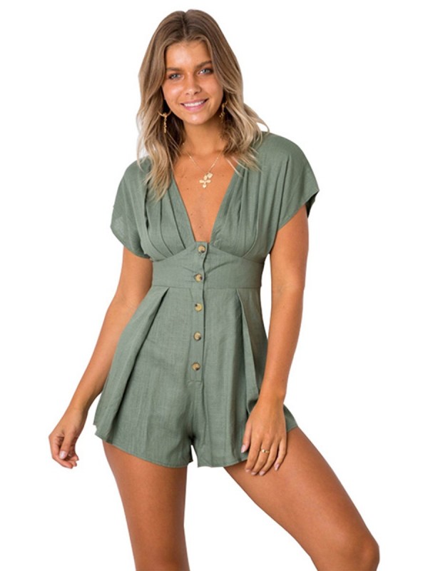 V-Neck Button Detail Plain Women's Rompers