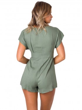 V-Neck Button Detail Plain Women's Rompers