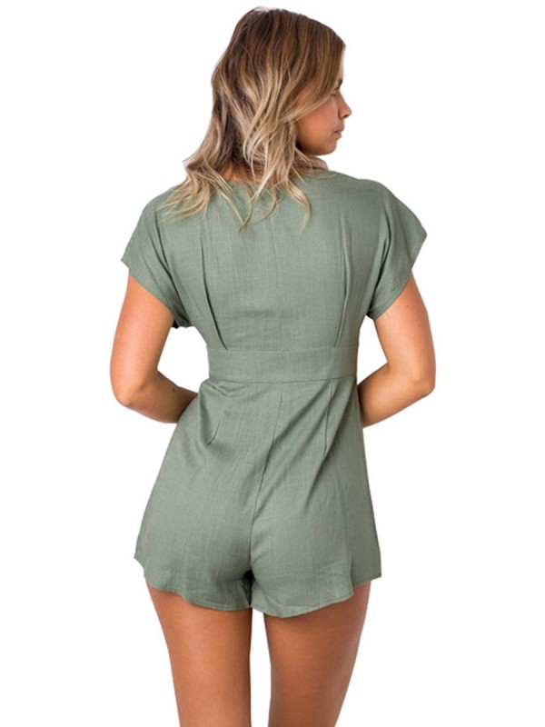 V-Neck Button Detail Plain Women's Rompers