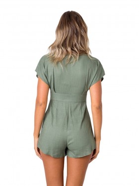 V-Neck Button Detail Plain Women's Rompers