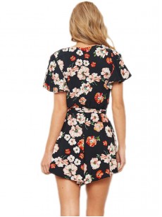 Floral Print V-Neck Bandage Women's Rompers