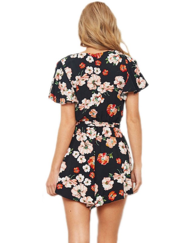 Floral Print V-Neck Bandage Women's Rompers