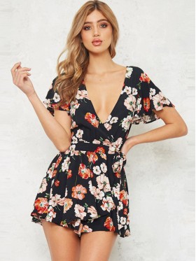 Floral Print V-Neck Bandage Women's Rompers