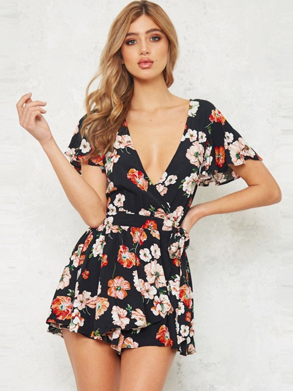 Floral Print V-Neck Bandage Women's Rompers