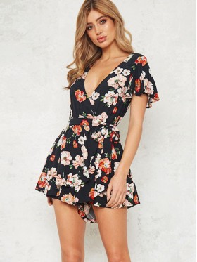 Floral Print V-Neck Bandage Women's Rompers