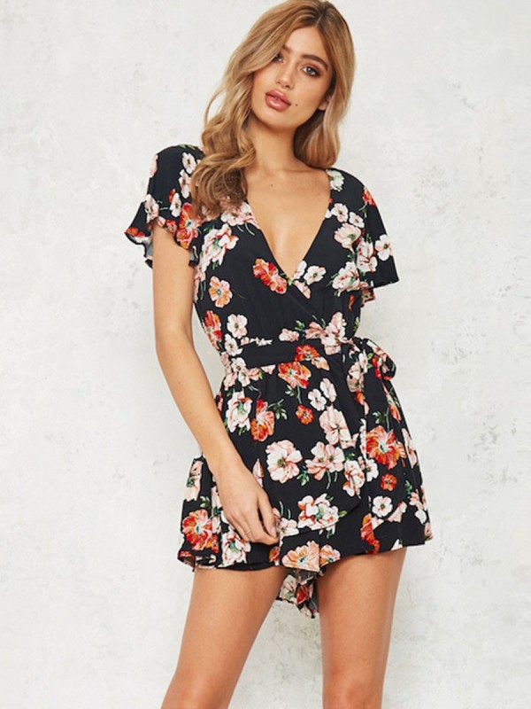 Floral Print V-Neck Bandage Women's Rompers