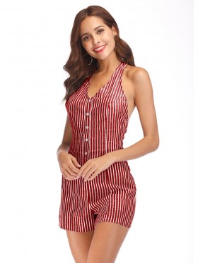 Women's Sleeveless V-Neck Striped Rompers