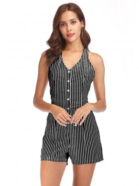 Women's Sleeveless V-Neck Striped Rompers