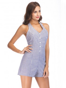 Women's Sleeveless V-Neck Striped Rompers