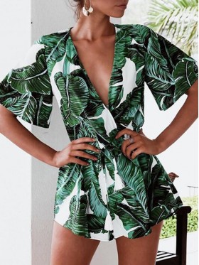 Slim Color Block Plant Print Women's Jumpsuit