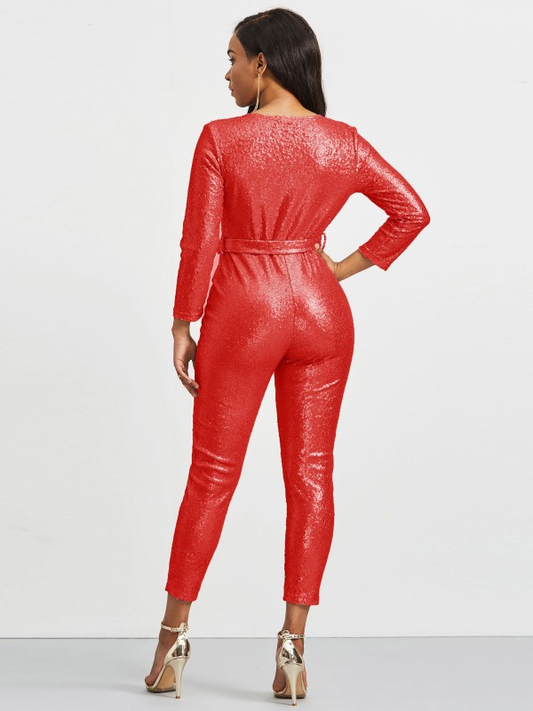 Long Sleeve V Neck Lace-Up Women's Jumpsuit