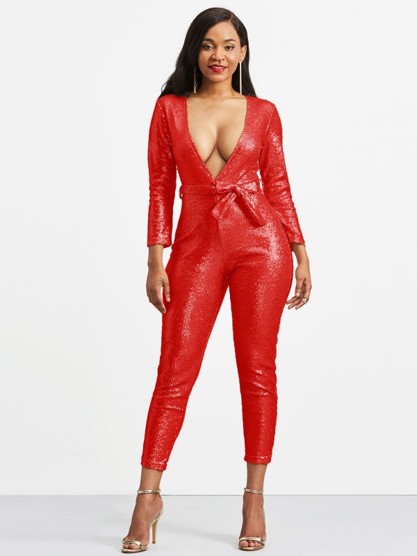 Long Sleeve V Neck Lace-Up Women's Jumpsuit