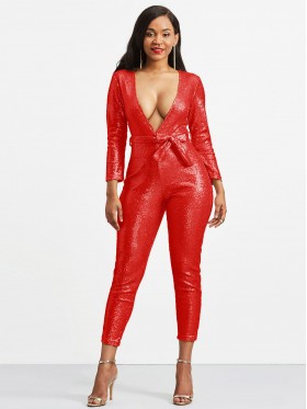 Long Sleeve V Neck Lace-Up Women's Jumpsuit