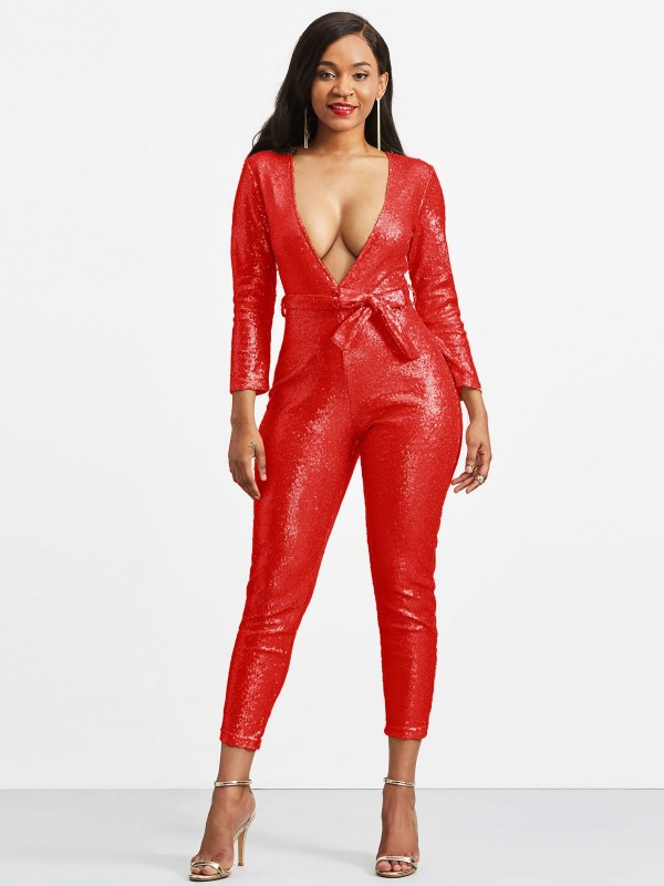 Long Sleeve V Neck Lace-Up Women's Jumpsuit