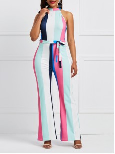 Stripe Lace-Up Color Block Women's Jumpsuit