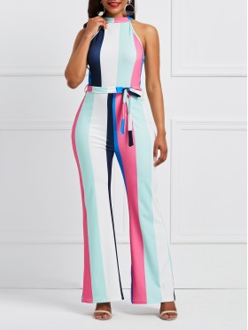 Stripe Lace-Up Color Block Women's Jumpsuit