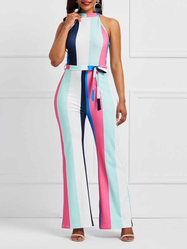 Stripe Lace-Up Color Block Women's Jumpsuit