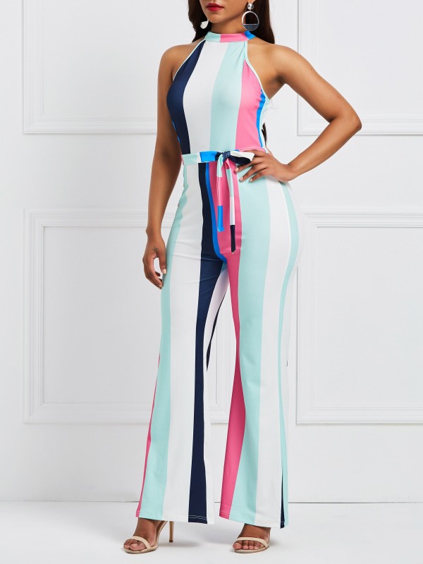 Stripe Lace-Up Color Block Women's Jumpsuit