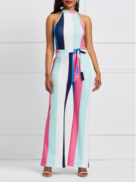 Stripe Lace-Up Color Block Women's Jumpsuit