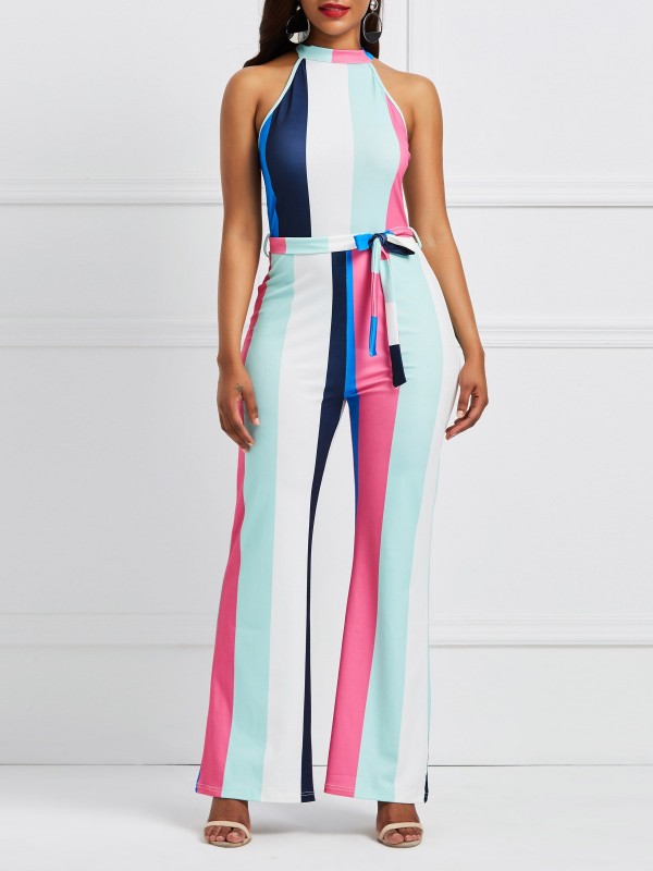 Stripe Lace-Up Color Block Women's Jumpsuit