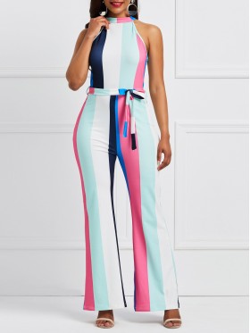 Stripe Lace-Up Color Block Women's Jumpsuit