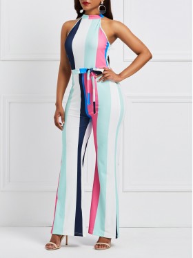 Stripe Lace-Up Color Block Women's Jumpsuit