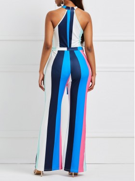 Stripe Lace-Up Color Block Women's Jumpsuit