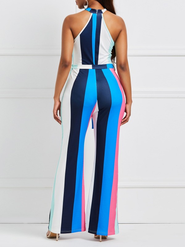 Stripe Lace-Up Color Block Women's Jumpsuit