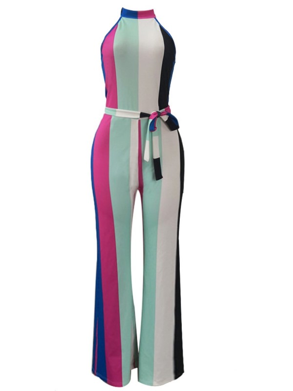 Stripe Lace-Up Color Block Women's Jumpsuit