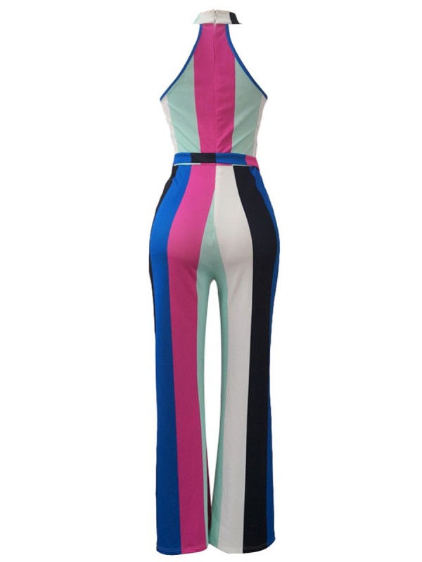 Stripe Lace-Up Color Block Women's Jumpsuit