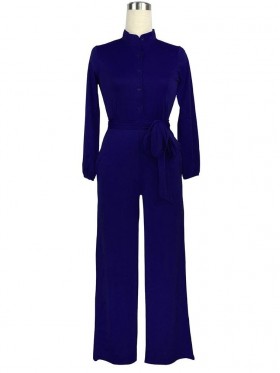 Button Lace-Up Plain Women's Jumpsuit