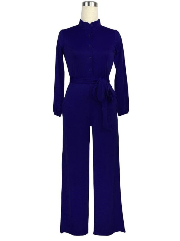 Button Lace-Up Plain Women's Jumpsuit